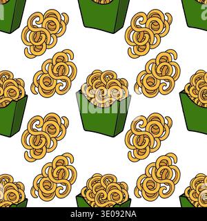Seamless vector pattern of golden curly fries in green fast food containers Stock Vector