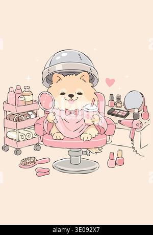 Cute cartoon Pomeranian dog enjoying a beauty salon treatment with hair dryer, makeup, and manicure tools in a cozy grooming scene. Stock Vector