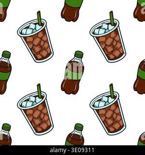 Refreshing vector pattern of iced cola drinks and bottles with ice cubes and straws Stock Vector