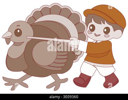 Cute cartoon boy pulling a turkey in a playful Thanksgiving themed illustration designed in a simple flat vector style for children. Stock Vector