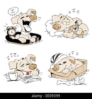 Cute cartoon dog sleeping in different cozy situations including bed, box, reading time, and with a teddy bear in a playful hand-drawn illustration se Stock Vector