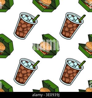 Seamless vector pattern of juicy burgers in green takeaway boxes and cold iced drinks with straws on white background. Stock Vector