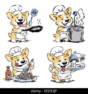 Cute cartoon corgi chef cooking different meals in a playful hand-drawn illustration set featuring frying, boiling soup, eating spaghetti, and serving Stock Vector