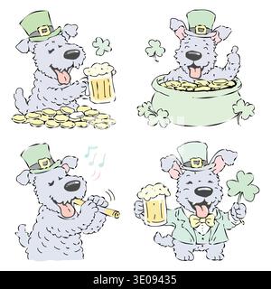 Cute cartoon terrier dog celebrating Saint Patrick Day with beer, gold coins, shamrocks, and festive Irish costumes in a playful hand-drawn illustrati Stock Vector