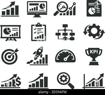Data analytics outline icons with charts, dashboards, search, reports, workflow, optimization, KPI growth, editable stroke solid vector set business i Stock Vector
