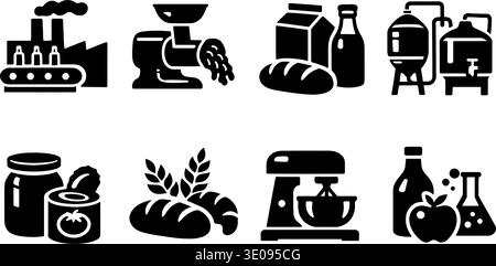 Food manufacturing, beverage processing, industrial automation, packaging line, factory equipment, quality control, bottling, cooking, delivery, robot Stock Vector