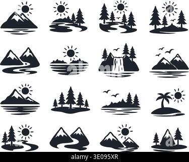 Nature icons with mountain river sun minimal . Vector illustration Stock Vector