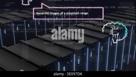Displaying central server racks glowing in dark data center, with blue LED strips, neon-pink prompt Stock Photo