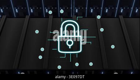 Projecting neon cyan padlock hologram over rack tops in server room with dotted traces and nodes Stock Photo