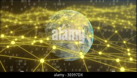 Featuring Earth globe showing land and clouds in orbit, with golden nodes and binary digits Stock Photo