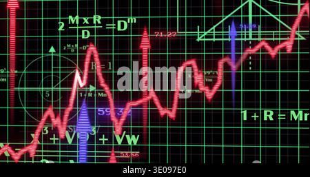 Displaying neon red jagged trend line rising and falling on dashboard, with green grid and readouts Stock Photo