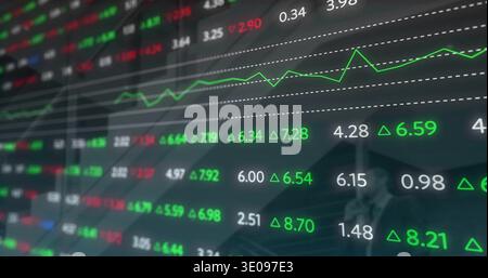 Displaying ticker showing green line chart, red numeric tickers, reflecting man in suit at office Stock Photo