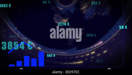 Displaying globe showing night lights over Americas, with floating numbers $Â¥â‚¬, ribbon, blue bars Stock Photo
