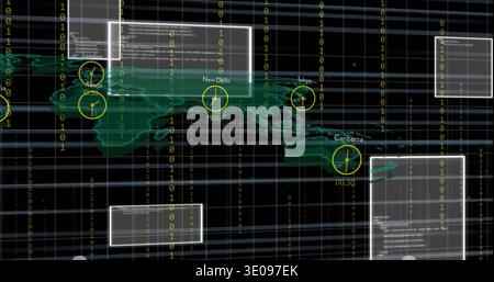 Displaying green map over Eurasia on dashboard, showing binary columns, clock icons, code panels Stock Photo