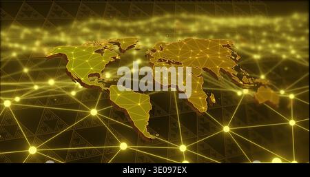 Displaying golden world map showing triangular mesh and glowing nodes with links on dark grid Stock Photo