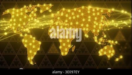 Displaying stylized world map on dark triangular pattern backdrop, glowing nodes and user icons Stock Photo