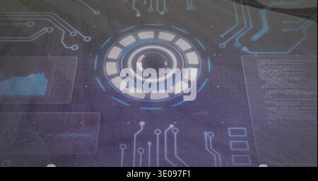 Booting system projecting ring HUD scanning worn tabletop, showing graph and code for monitoring Stock Photo