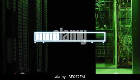 Displaying glowing progress bar across data center corridor, showing server racks and dense cables Stock Photo
