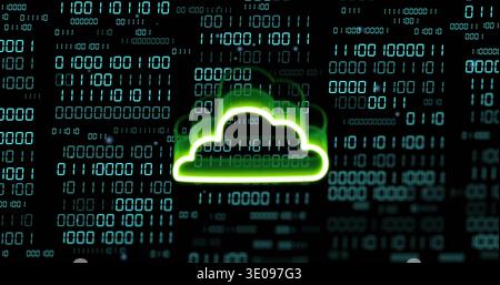 Glowing neon green cloud icon floating over dark digital grid, showing binary digits through halo Stock Photo