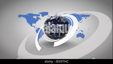Earth globe floating in digital studio, showing concentric rings, dotted orbital path and blue map Stock Photo