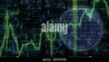 Displaying wireframe globe crossing green trend line in dark data view with binary code, copy space Stock Photo
