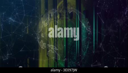 Faint mesh orb with land map hovering over green-yellow light bands with nodes in virtual space Stock Photo