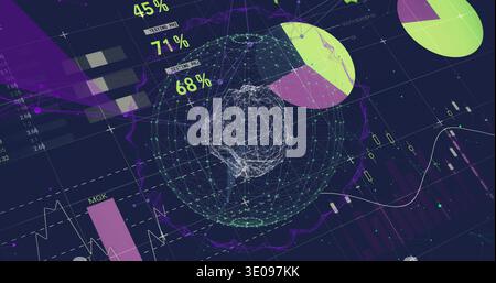 Displaying wireframe globe pulsing on dark dashboard, with pie, bar, candlesticks, 45% or 71% or 68% Stock Photo