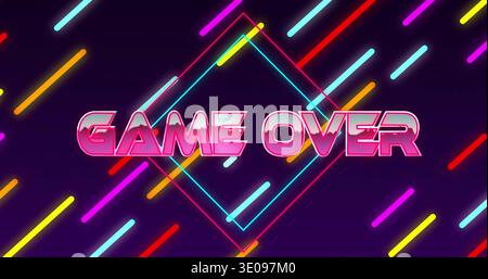 Displaying centered GAME OVER headline pulsing on purple gradient, neon diamond frame and streaks Stock Photo