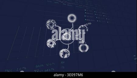 Displaying holographic radial network on dark navy display, showing central hub, six nodes, data Stock Photo