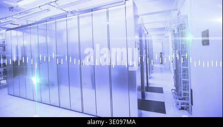 Dominating row of silver server cabinets lining narrow aisle in data center, showing LED status Stock Photo