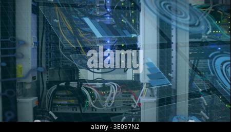 Displaying populated network rack with stacked switches, bundled cables in data center, LED lights Stock Photo