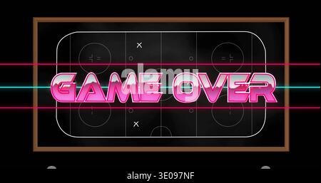 Displaying large pink 3D GAME OVER text on framed board, crossing neon bars and rink diagram Stock Photo