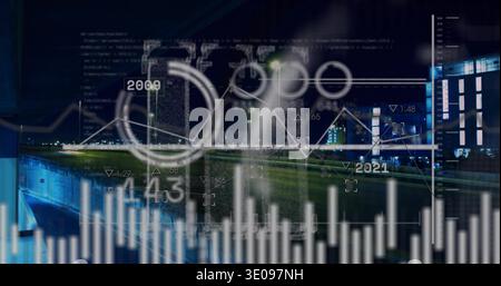 Displaying data overlay spanning night urban bridge, showing bar chart, line graphs, HUD markers Stock Photo