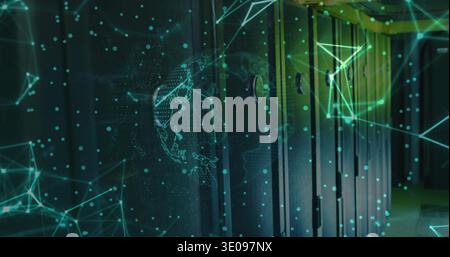 Displaying row of server cabinets running holographic network overlay in server corridor, with LEDs Stock Photo