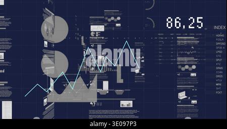 Displaying central cyan line chart overlaying grey filled-area and bars on monitor, showing 86 Stock Photo