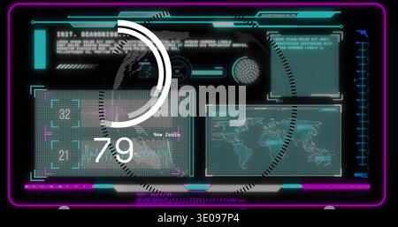 Vertical video: Spinning central HUD showing 79 on dark display upon magenta progress bar advancing Stock Photo