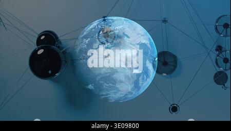 Floating glowing 3D Earth globe orbiting tension cables in virtual gallery, with twin-disc housings Stock Photo