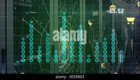 Displaying central glass-fronted rack in data center showing grid, cyan node columns, padlock icon Stock Photo