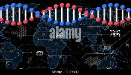 Displaying stylized DNA helix running across digital world map, with neon-blue outlines, black grid Stock Photo