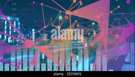 Displaying colorful data overlay covering nighttime urban roadway, with nodes, bars, light trails Stock Photo