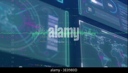 Displaying bright green waveform pulsing across virtual HUD, showing XML tags and map nodes Stock Photo