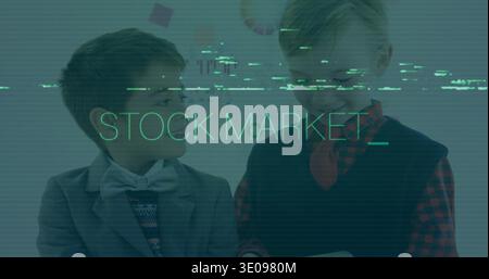 Green overlay appearing, two kids presenting stock-market chart while using tablet showing trends Stock Photo