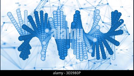 Showing center 3D blue-bead stacks forming wave columns in data lab, with network labels and dots Stock Photo