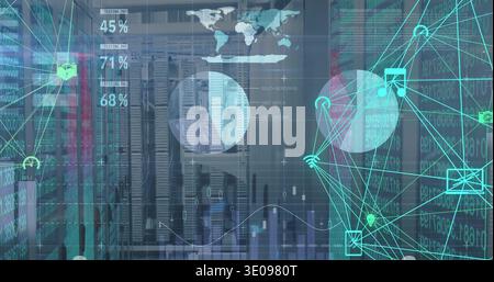 Displaying server racks with LED lights and cabling in data center, with overlaid network graphs Stock Photo
