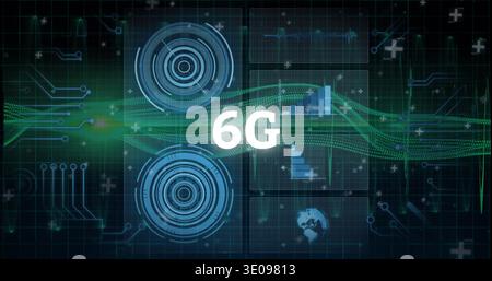 Displaying white 6G label floating over virtual interface, with green waveform and concentric radar Stock Photo