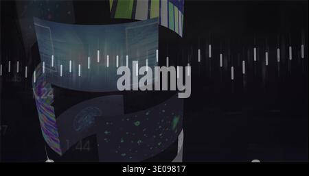 Rotating spiral column displaying translucent curved panels in virtual studio, with waveform bars Stock Photo