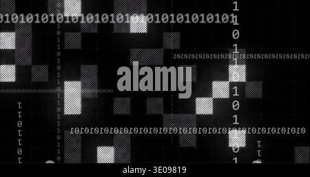 Displaying central cluster of illuminated squares and vertical binary column on dark grid Stock Photo