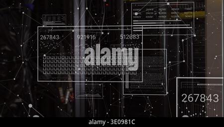 Displaying dashboard overlay and network node graphic in server room racks, with keyboard grid Stock Photo