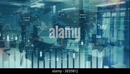 Displaying translucent global map with candlestick charts over modern office, business casual team Stock Photo