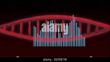 Displaying red DNA helix running across dark red field, with blue bars, dotted guides, glowing dots Stock Photo